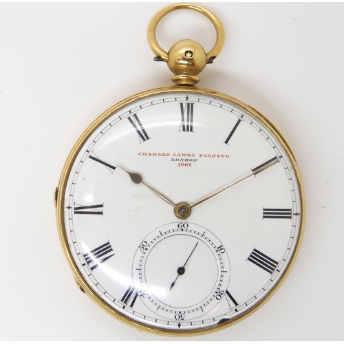 872 - AN 18CT GOLD OPEN FACE POCKET WATCHwith white enamel dial, subsidiary seconds dial, with black Roman... 