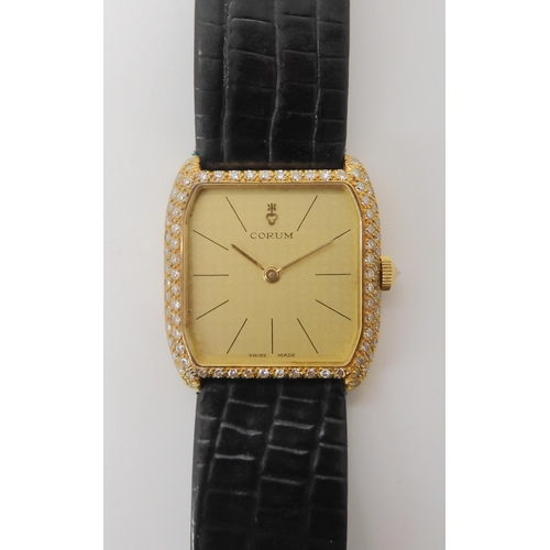 876 - AN 18K GOLD LADIES DIAMOND SET CORUM WRISTWATCHwith gold coloured Corum logo dial, and gold coloured... 