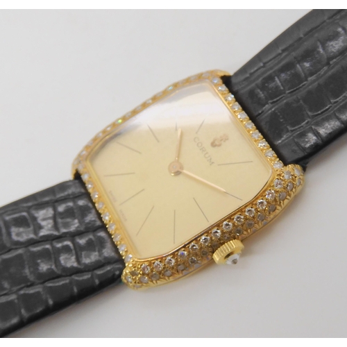 876 - AN 18K GOLD LADIES DIAMOND SET CORUM WRISTWATCHwith gold coloured Corum logo dial, and gold coloured... 