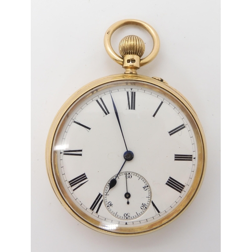 882 - AN 18CT GOLD OPEN FACE POCKET WATCHwith white enamelled dial, black Roman numerals, subsidiary secon... 