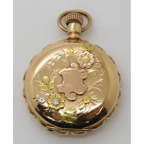 884 - A LADIES 14K GOLD ELGIN FOB WATCHwith pie crust bezel, the decorative case with applied coloured gol... 