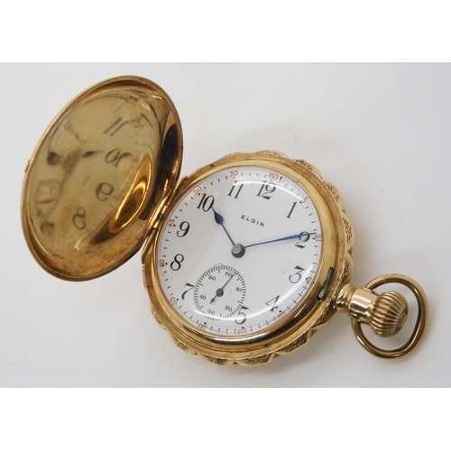 884 - A LADIES 14K GOLD ELGIN FOB WATCHwith pie crust bezel, the decorative case with applied coloured gol... 