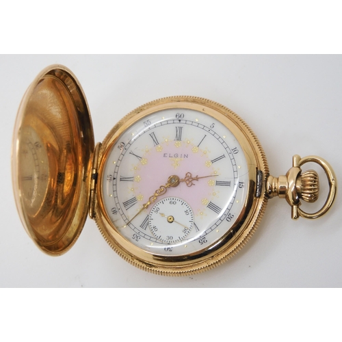 888 - A LADIES 14K GOLD ELGIN FOB WATCHwith pink and white enamelled dial with French gold transfer detail... 