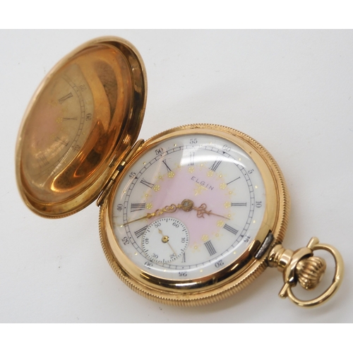 888 - A LADIES 14K GOLD ELGIN FOB WATCHwith pink and white enamelled dial with French gold transfer detail... 