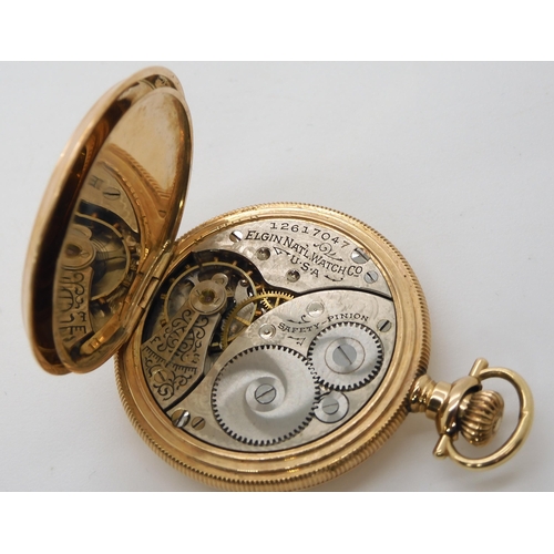 888 - A LADIES 14K GOLD ELGIN FOB WATCHwith pink and white enamelled dial with French gold transfer detail... 