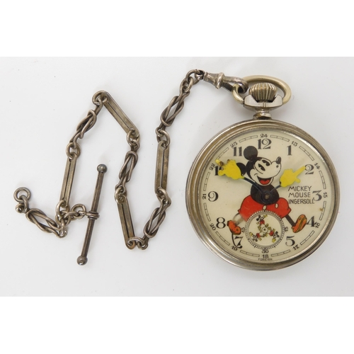 894 - A MICKEY MOUSE INGERSOLL POCKET WATCH WITH DECORATIVE SILVER FOB CHAIN early Mickey Mouse with yello... 