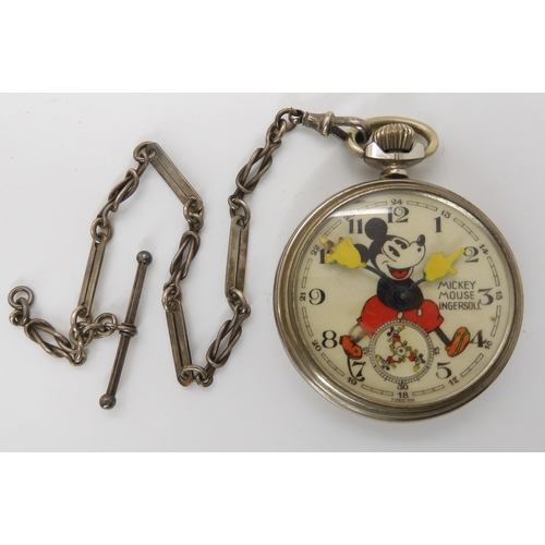 894 - A MICKEY MOUSE INGERSOLL POCKET WATCH WITH DECORATIVE SILVER FOB CHAIN early Mickey Mouse with yello... 