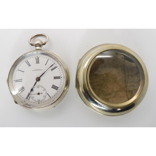 895 - A SILVER WALTHAM OPEN FACE POCKET WATCH WITH MINERS CASE Waltham has good Birmingham hallmarks for 1... 