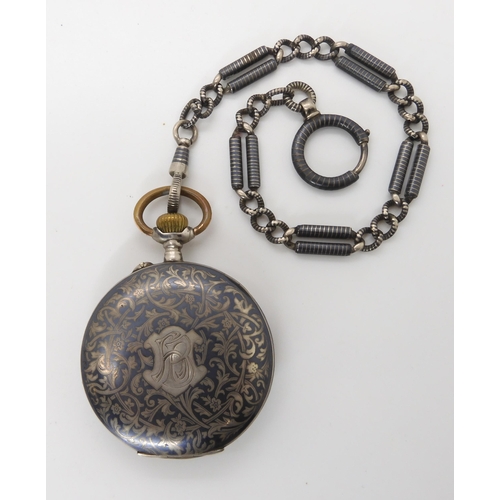 896 - A CONTINENTAL SILVER NIELLO CASED POCKET WATCH AND CHAIN the open face pocket watch is stamped with ... 