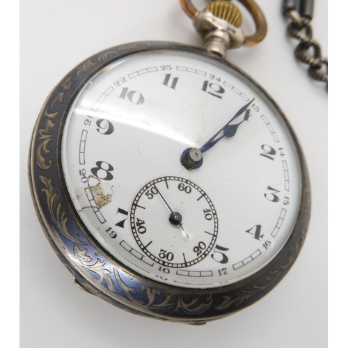 896 - A CONTINENTAL SILVER NIELLO CASED POCKET WATCH AND CHAIN the open face pocket watch is stamped with ... 