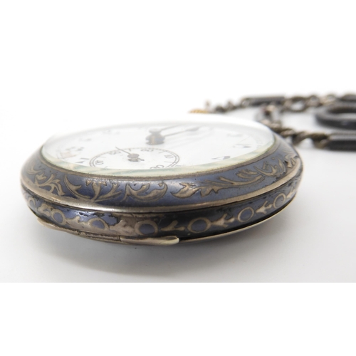 896 - A CONTINENTAL SILVER NIELLO CASED POCKET WATCH AND CHAIN the open face pocket watch is stamped with ... 