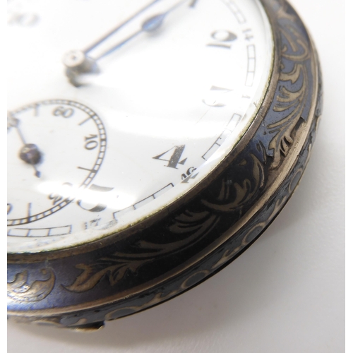 896 - A CONTINENTAL SILVER NIELLO CASED POCKET WATCH AND CHAIN the open face pocket watch is stamped with ... 