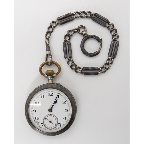 896 - A CONTINENTAL SILVER NIELLO CASED POCKET WATCH AND CHAIN the open face pocket watch is stamped with ... 