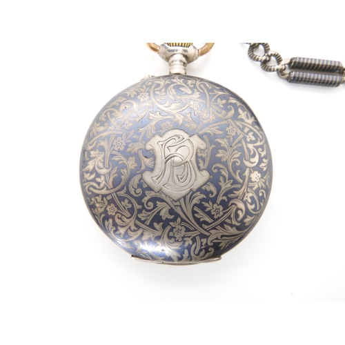 896 - A CONTINENTAL SILVER NIELLO CASED POCKET WATCH AND CHAIN the open face pocket watch is stamped with ... 