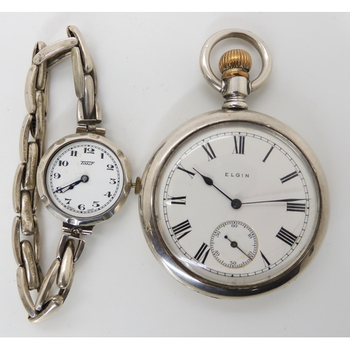 899 - A SILVER CASED ELGIN POCKET WATCH AND A SILVER VINTAGE TISSOT WATCH the Elgin with decorative mechan... 