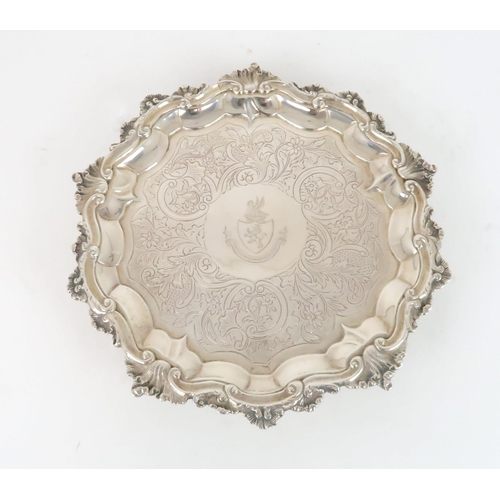 902 - A LATE WILLIAM IV SILVER CARD TRAY by John Wakefield, London 1836, of circular form, the scalloped r... 