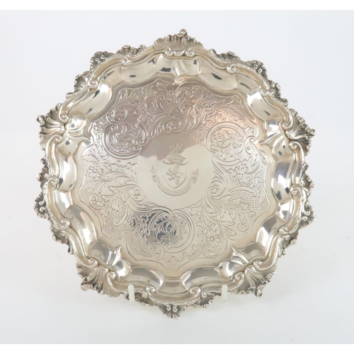 902 - A LATE WILLIAM IV SILVER CARD TRAY by John Wakefield, London 1836, of circular form, the scalloped r... 