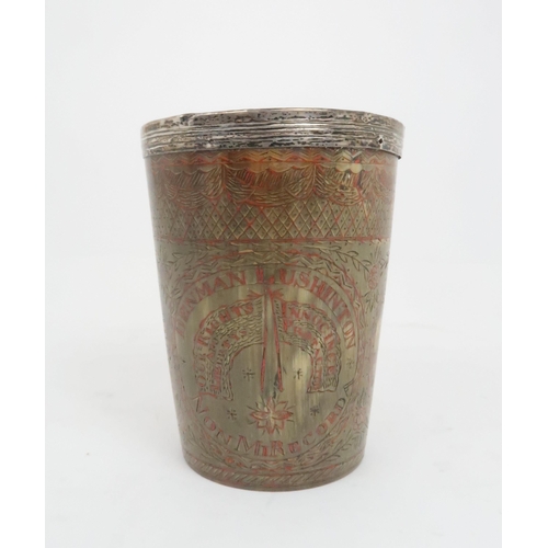 909 - A WOOD & BROUGHAM COMMEMORATIVE HORN BEAKER of tapering cylindrical form with unmarked silver mo... 