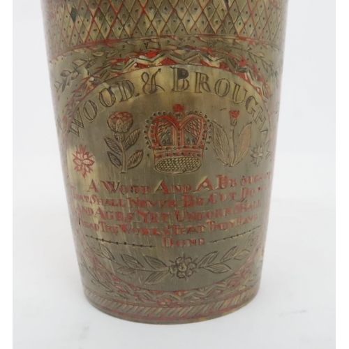 909 - A WOOD & BROUGHAM COMMEMORATIVE HORN BEAKER of tapering cylindrical form with unmarked silver mo... 