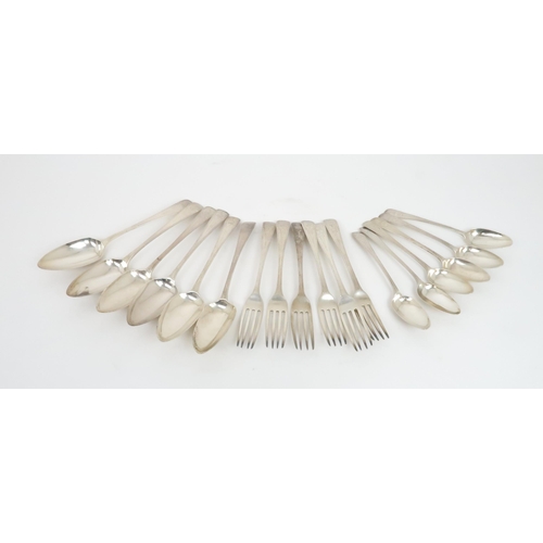 912 - A PART SUITE OF BRIGHT CUT SILVER CUTLERY by Thomas Wallis II, London 1810, comprising six tablespoo... 