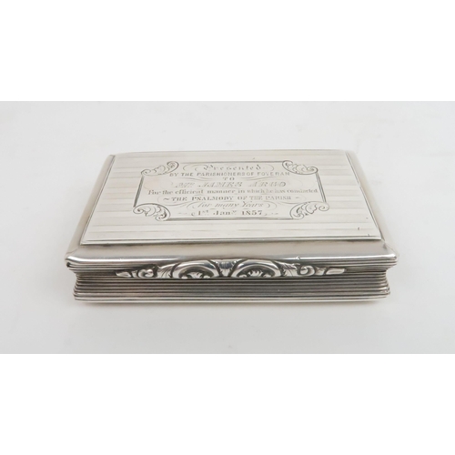 914 - A VICTORIAN SILVER SNUFF BOX by David Pettifer, Birmingham 1854, of rectangular form with reeded sid... 