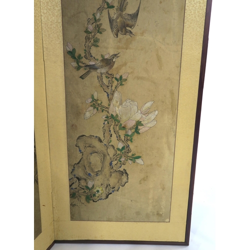 208 - A CHINESE FOUR FOLD SCREEN decorated with flowers and foliage, signed, 102cm x 156cm wide, late 20th... 