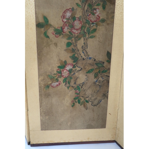 208 - A CHINESE FOUR FOLD SCREEN decorated with flowers and foliage, signed, 102cm x 156cm wide, late 20th... 