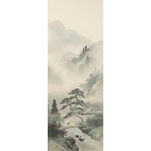 209 - TWO CHINESE SCROLL PAINTINGS one with a figure crossing a river bridge, 107cm x 41cm, another with i... 