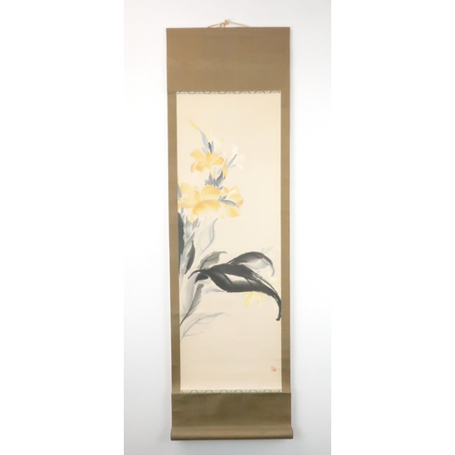 209 - TWO CHINESE SCROLL PAINTINGS one with a figure crossing a river bridge, 107cm x 41cm, another with i... 