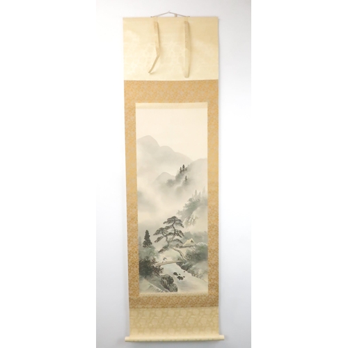 209 - TWO CHINESE SCROLL PAINTINGS one with a figure crossing a river bridge, 107cm x 41cm, another with i... 