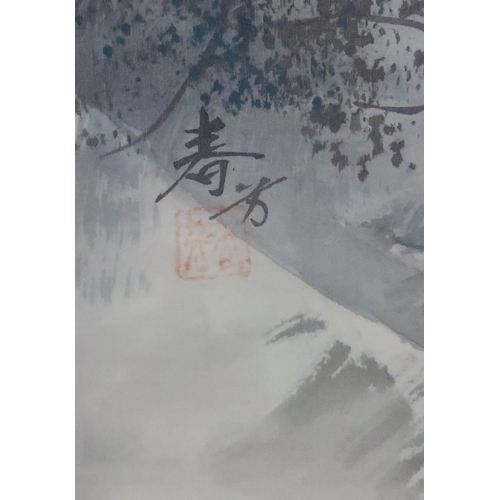 209 - TWO CHINESE SCROLL PAINTINGS one with a figure crossing a river bridge, 107cm x 41cm, another with i... 