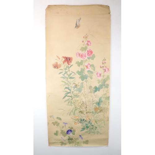 210 - NINE CHINESE SCROLL PAINTINGS painted with birds and foliage, in sizes, 56cm wide (9)... 