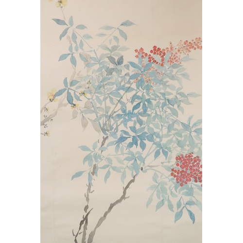 210 - NINE CHINESE SCROLL PAINTINGS painted with birds and foliage, in sizes, 56cm wide (9)... 