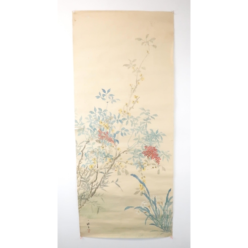 210 - NINE CHINESE SCROLL PAINTINGS painted with birds and foliage, in sizes, 56cm wide (9)... 