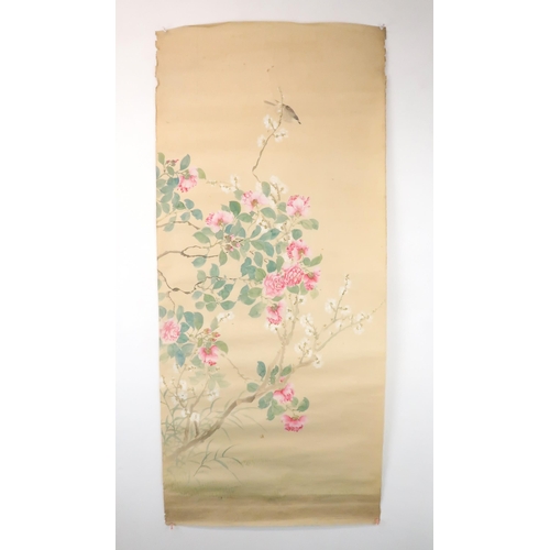 210 - NINE CHINESE SCROLL PAINTINGS painted with birds and foliage, in sizes, 56cm wide (9)... 