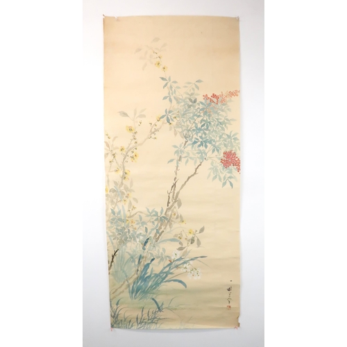 210 - NINE CHINESE SCROLL PAINTINGS painted with birds and foliage, in sizes, 56cm wide (9)... 