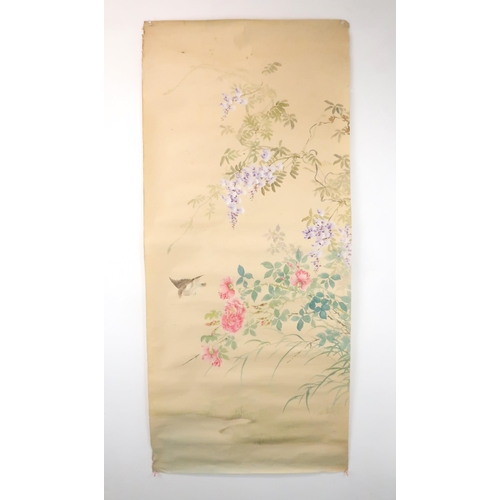 210 - NINE CHINESE SCROLL PAINTINGS painted with birds and foliage, in sizes, 56cm wide (9)... 