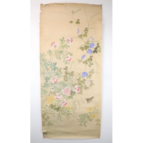 210 - NINE CHINESE SCROLL PAINTINGS painted with birds and foliage, in sizes, 56cm wide (9)... 