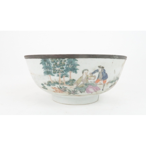 213 - A CHINESE EXPORT EUROPEAN SUBJECT PUNCH BOWLthe interior painted with fish and fronds,the exterior w... 