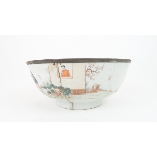 213 - A CHINESE EXPORT EUROPEAN SUBJECT PUNCH BOWLthe interior painted with fish and fronds,the exterior w... 