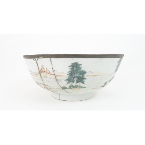 213 - A CHINESE EXPORT EUROPEAN SUBJECT PUNCH BOWLthe interior painted with fish and fronds,the exterior w... 