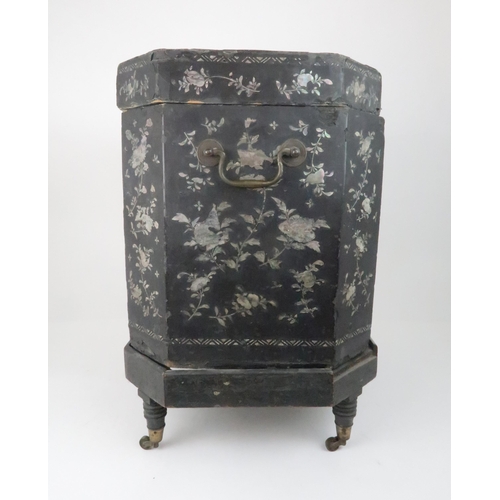 218 - A CHINESE LAC BURGAUTE TEA CHESTsimilar to the previous lot and on a wood stand with turned legs and... 