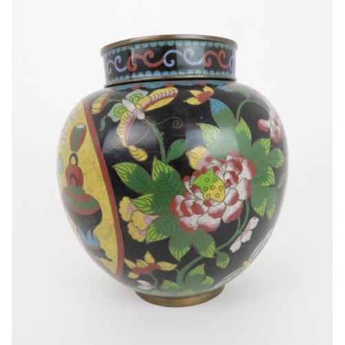 220 - A CHINESE CLOISONNE JAR AND COVERdecorated with panels of precious objects divided by flowers and fo... 