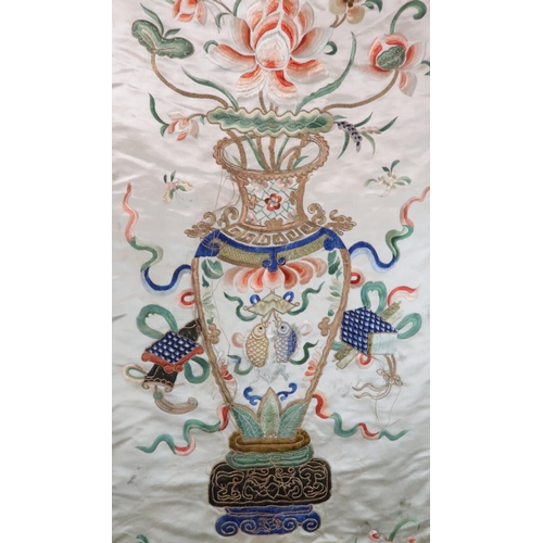 223 - FIVE CHINESE SILK EMBROIDERIEScomprising;a cream ground panel with a vase of flowers and precious ob... 