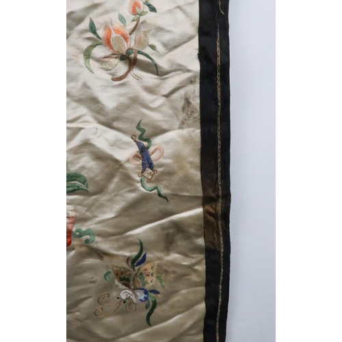 223 - FIVE CHINESE SILK EMBROIDERIEScomprising;a cream ground panel with a vase of flowers and precious ob... 