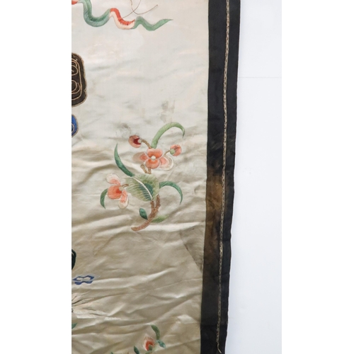 223 - FIVE CHINESE SILK EMBROIDERIEScomprising;a cream ground panel with a vase of flowers and precious ob... 