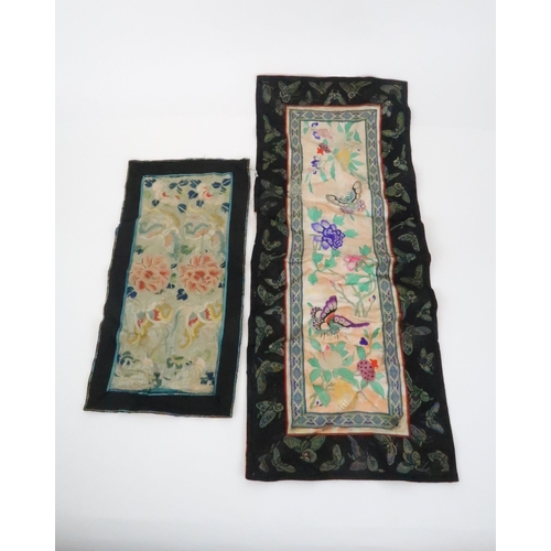 223 - FIVE CHINESE SILK EMBROIDERIEScomprising;a cream ground panel with a vase of flowers and precious ob... 