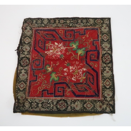 223 - FIVE CHINESE SILK EMBROIDERIEScomprising;a cream ground panel with a vase of flowers and precious ob... 