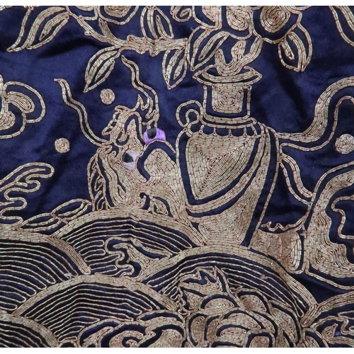 225 - A CHINESE SILK AND METAL THREAD JACKET(XIAPEI)woven with gilt metal threads of dragons chasing flami... 