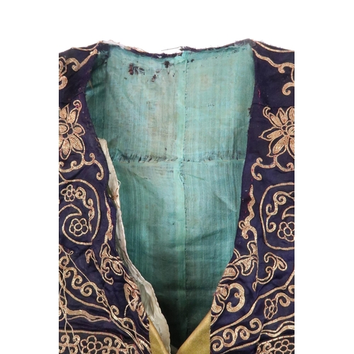 225 - A CHINESE SILK AND METAL THREAD JACKET(XIAPEI)woven with gilt metal threads of dragons chasing flami... 